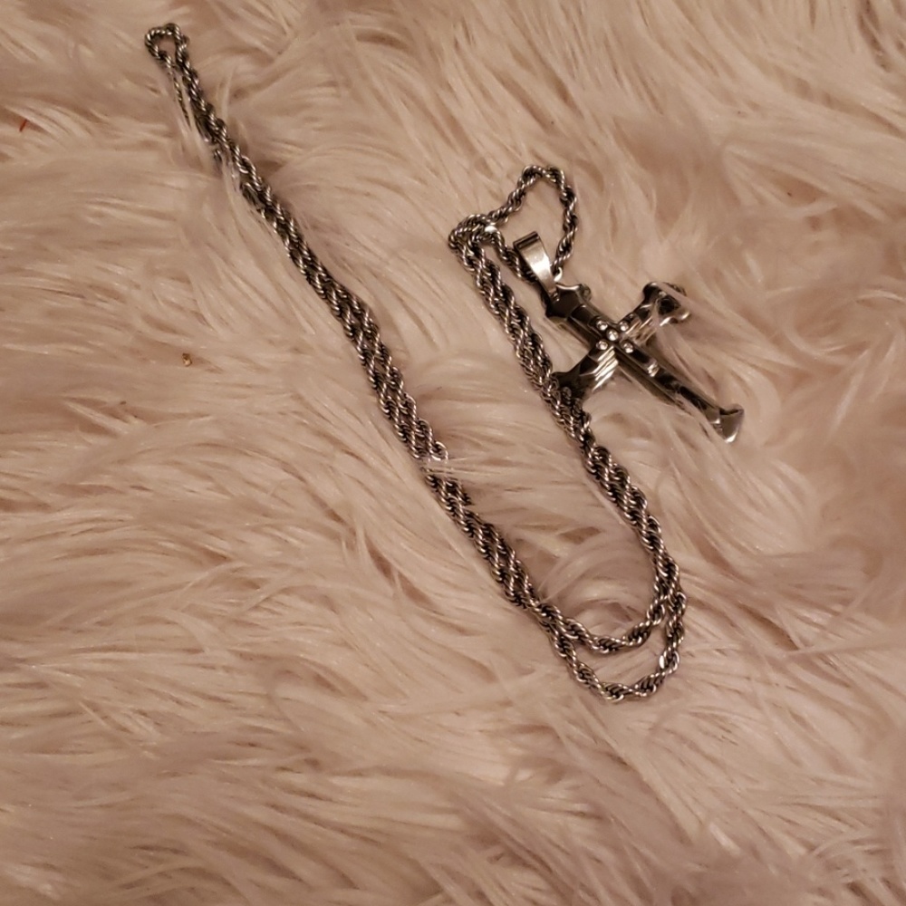 Mens Stirling Silver Cross & Rope Chain